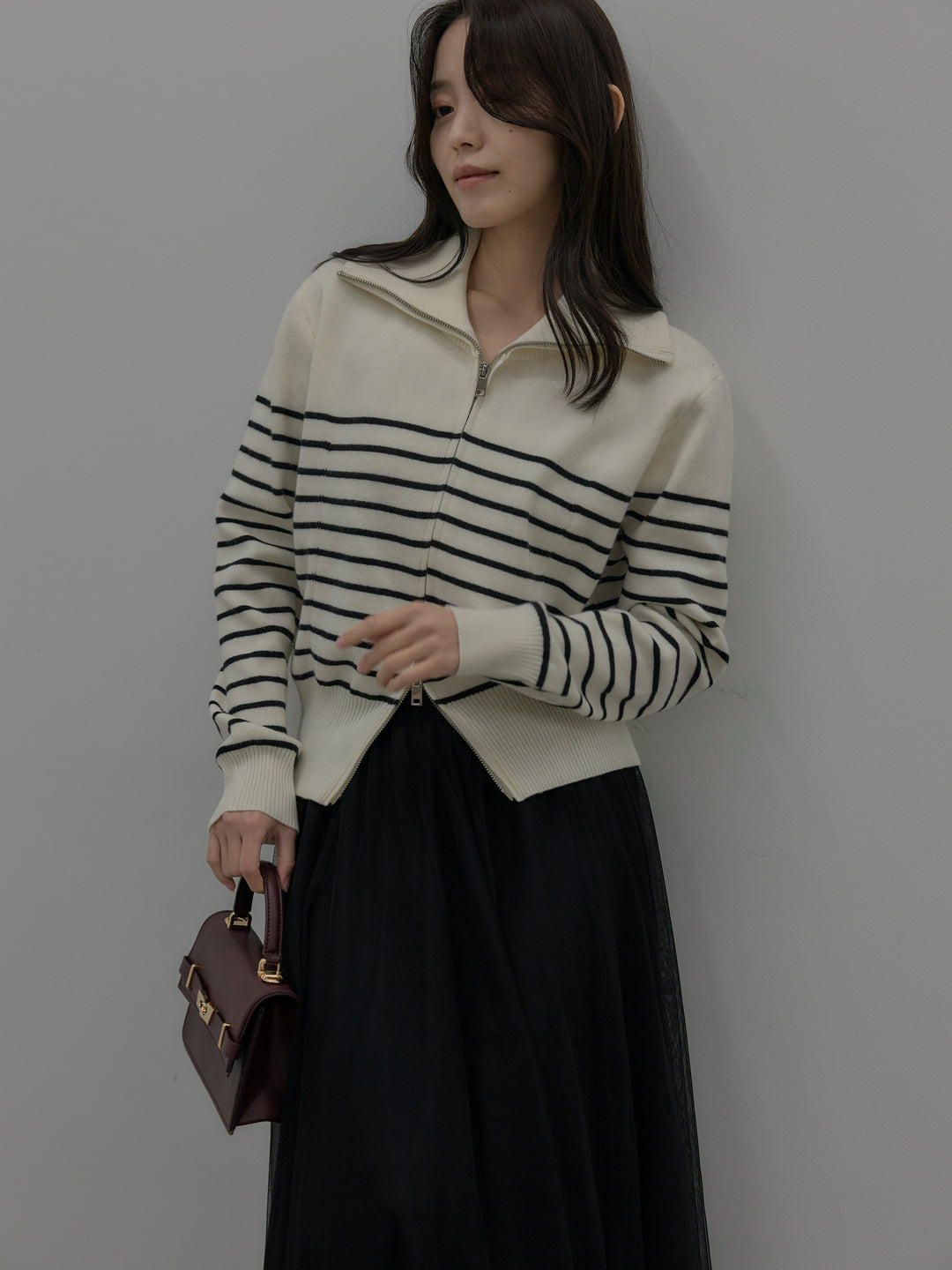 ダブルZIPハイネックボーダーニットトップス