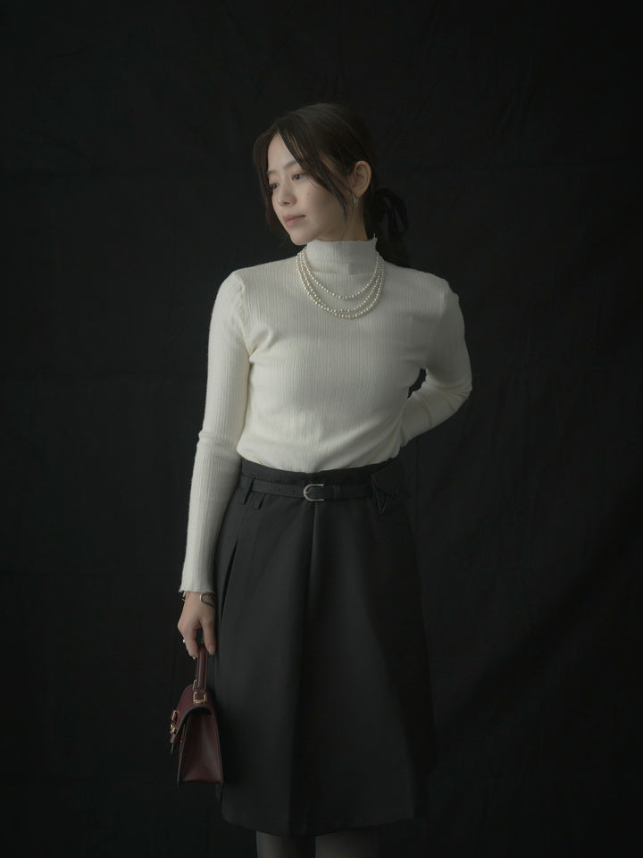 【SET】リブニットタートルネック+ウエストポーチ付きミディスカート(2set)