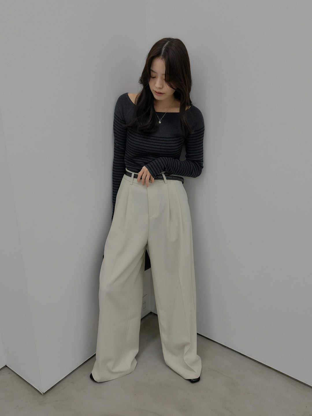 【SET】ハーフボーダーニットトップス+デザインタックワイドパンツ(2set)