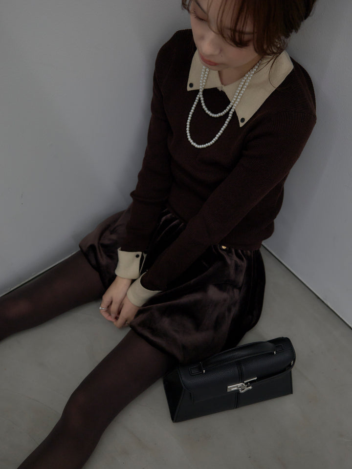 【SET】配色カフスニットポロ+ベロアバルーンミニスカート(インパン付き)(2set)