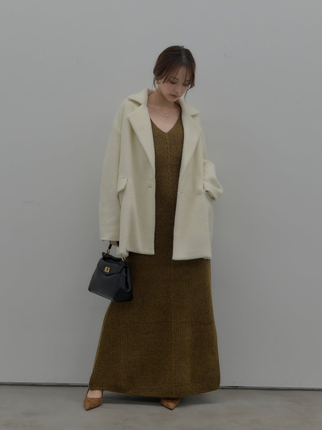 【SET】【Essential】オーバーサイズジャケットコート+リュクスリブニットロングドレス(2set)