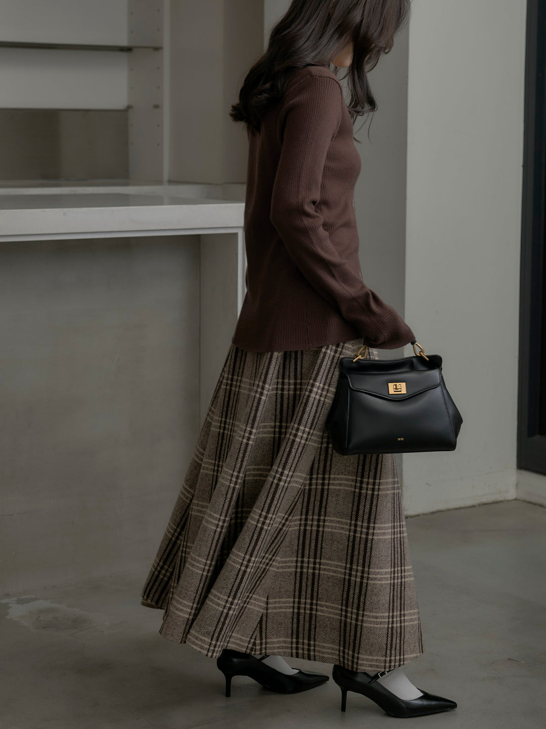 【SET】リブ配色ラインポロニットカーディガン+【Essential】クラシカルチェックウールタッチスカート(2set)