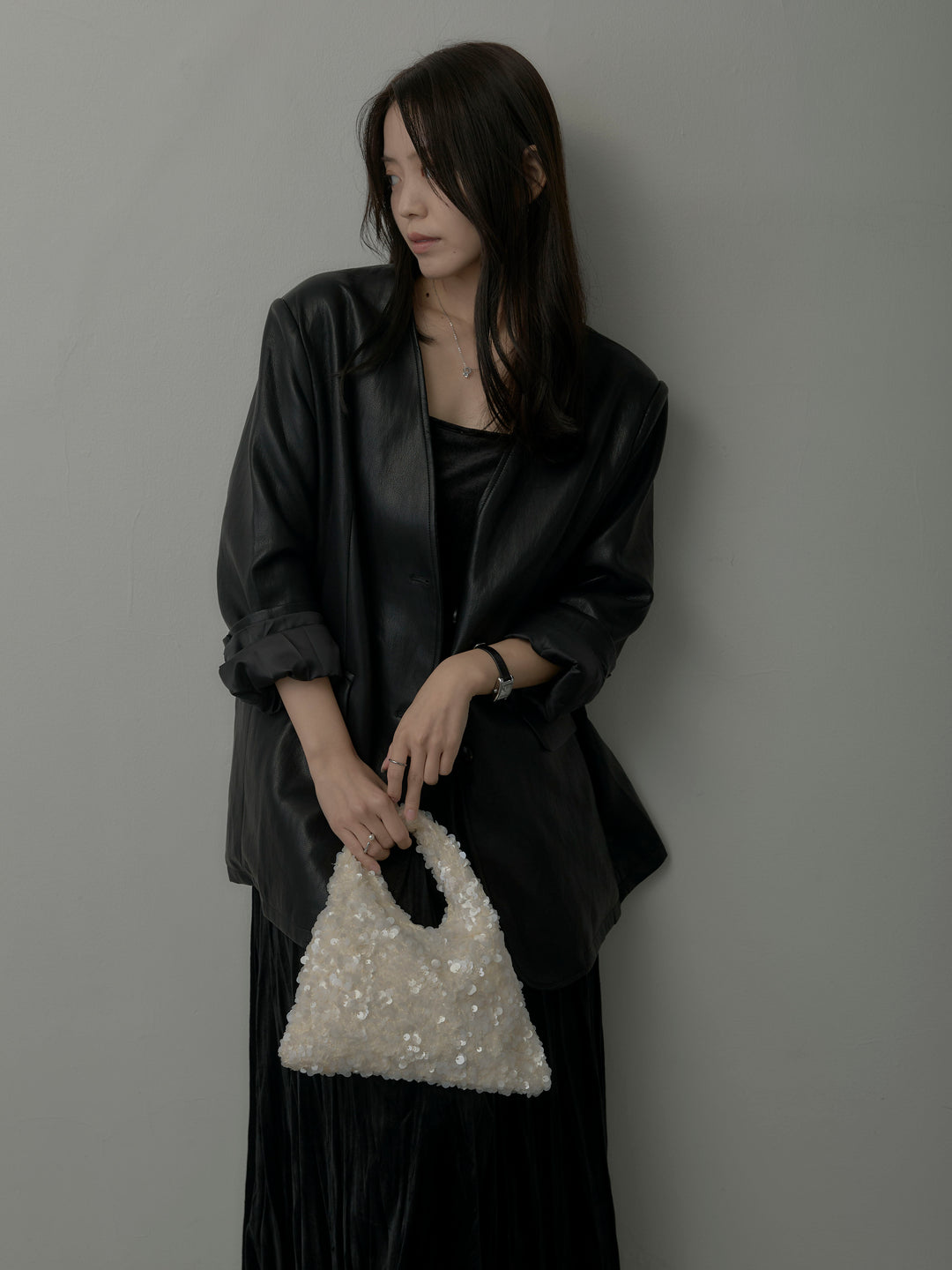 【SET】レザーノーカラージャケット+ベロアワッシャープリーツスカート(2set)