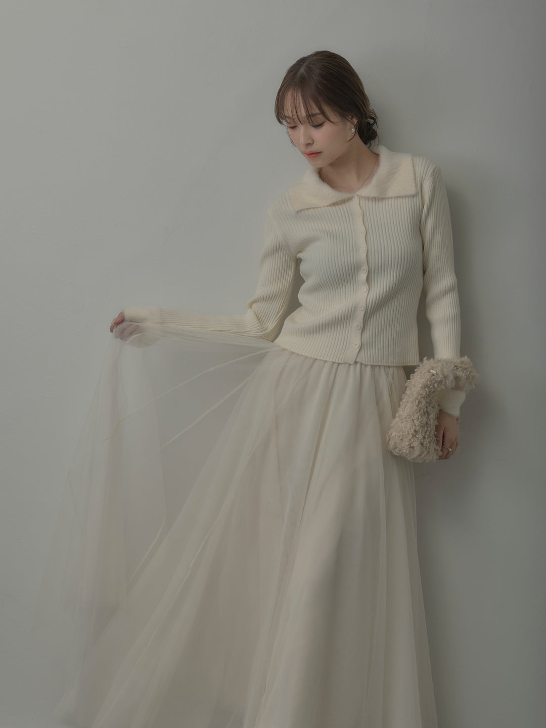 シャギー襟リブニットポロトップス