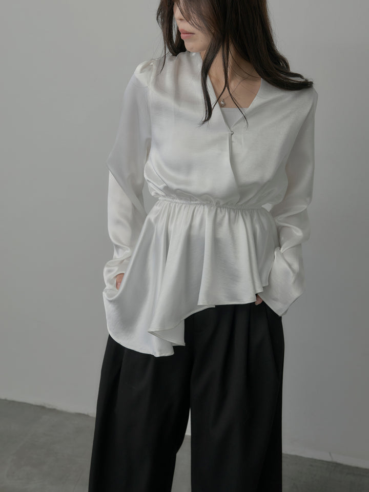 【SET】Vネックアシメサテンブラウス+【Essential】３タックスラックス(2set)