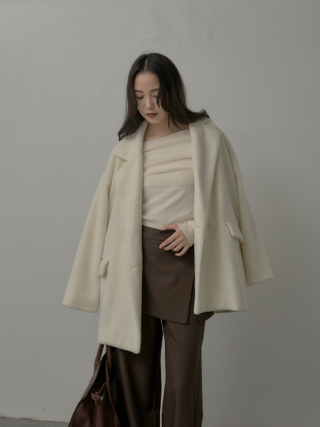 【SET】【Essential】オーバーサイズジャケットコート+オフショルリブニットトップス+ラップワイドパンツ(3set)