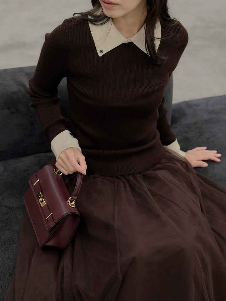 【SET】配色カフスニットポロ+ボリュームチュールスカート(2set)