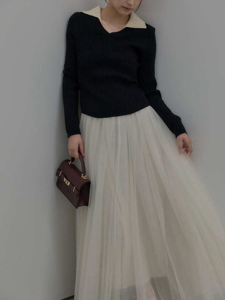 【SET】配色Vネックケーブルニットトップス+ボリュームチュールスカート(2set)