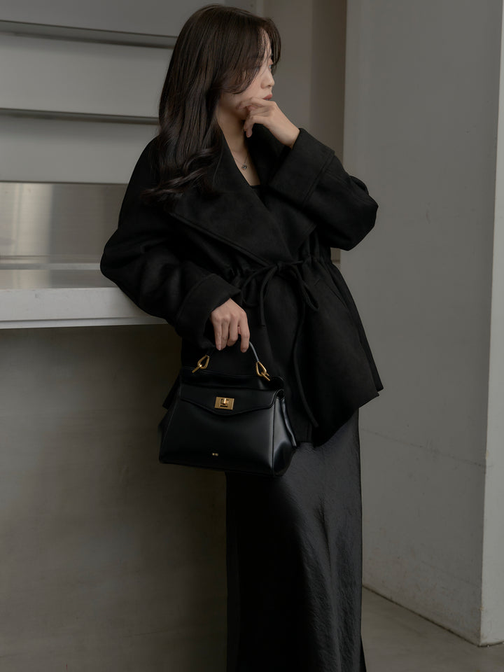 【SET】BIGカラースウェードジャケット+ナローAラインサテンスカート(2set)