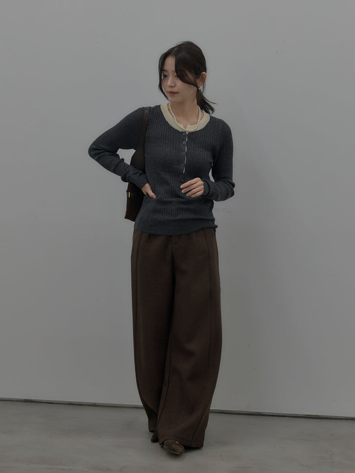 【SET】配色ケーブル編みニットトップス+裏起毛デザインワイドパンツ(2set)