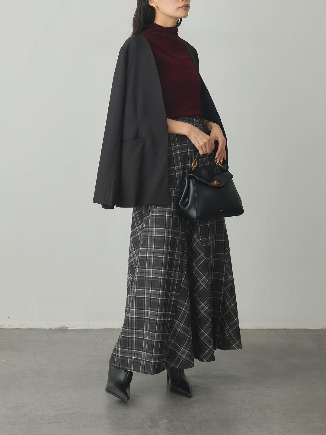 【SET】【Essential】フロントホックノーカラージャケット+メッシュベロアノースリーブトップス+クラシカルチェックパネルスカート(3set)