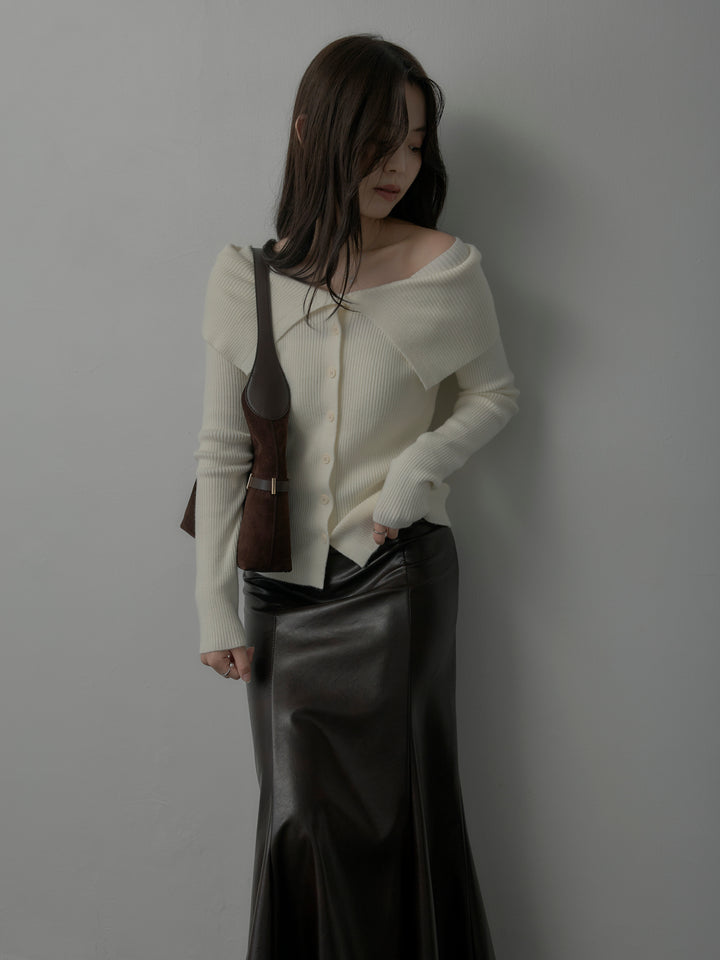【SET】オフショルライクリブニットトップス+レザーマーメイドスカート(2set)