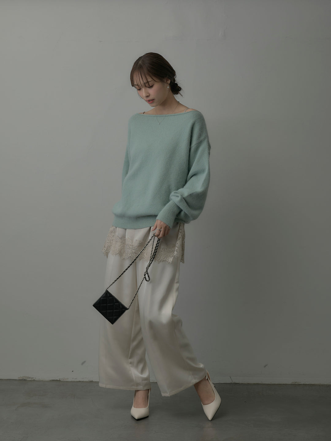 【SET】【premium touch】2wayショルダーニットプルオーバー+レースサテンキャミソール+【Essential】センタープレスサテンパンツ(3set)