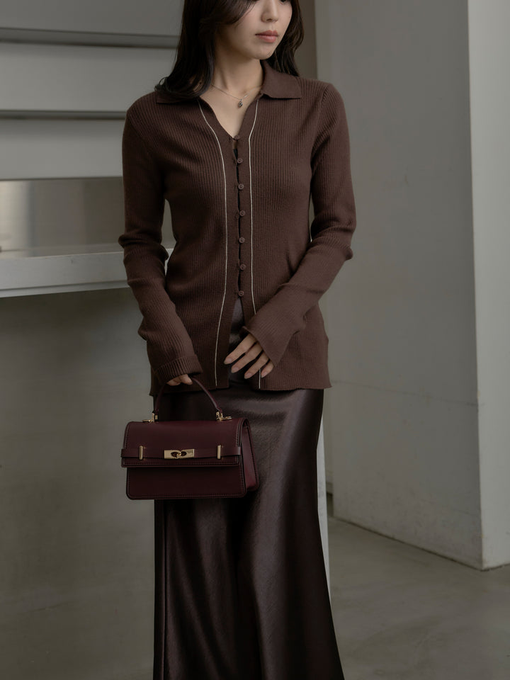 【SET】リブ配色ラインポロニットカーディガン+ナローAラインサテンスカート(2set)