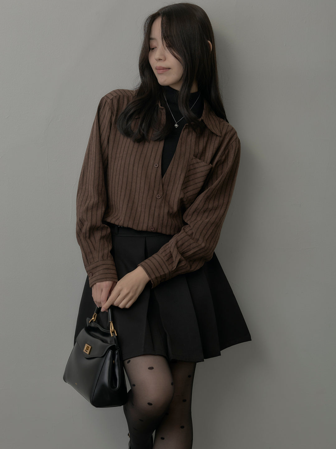 【SET】スエードタッチドッキングデザインストライプシャツ+ベルト付きプリーツミニスカート(2set)