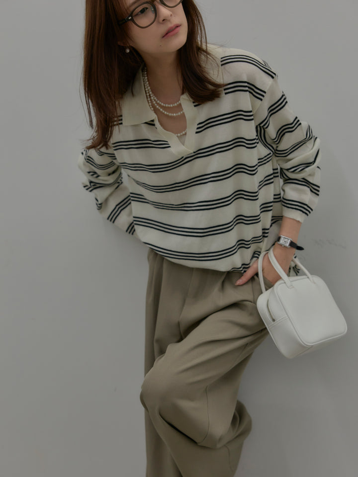 ボーダーポロ襟ニットプルオーバー