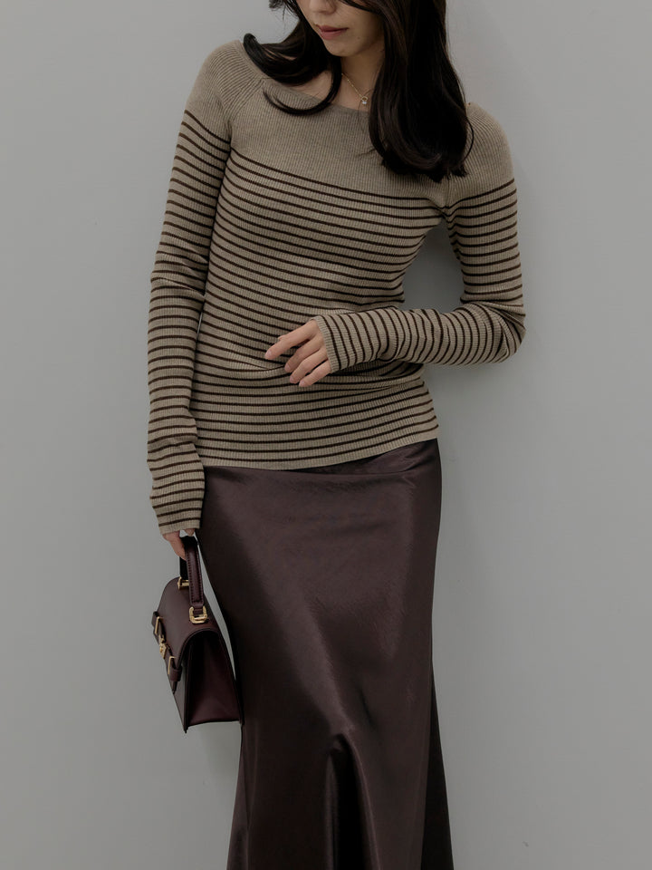 【SET】ハーフボーダーニットトップス+ナローAラインサテンスカート(2set)