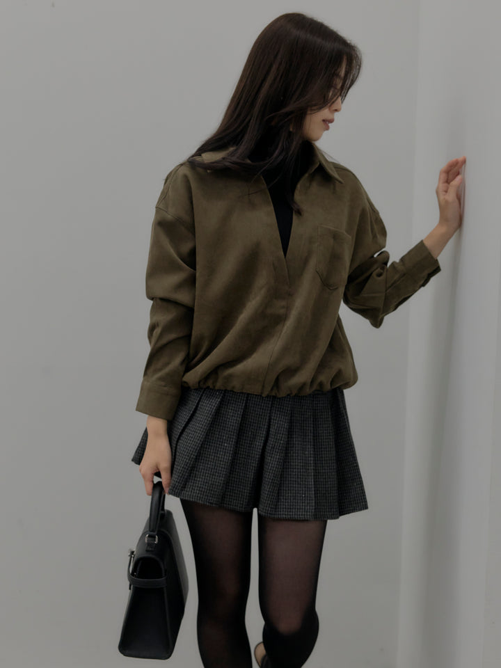 【SET】ドッキングデザイン裾ドロストスエードシャツ+ハウンドトゥースプリーツミニスカート(2set)
