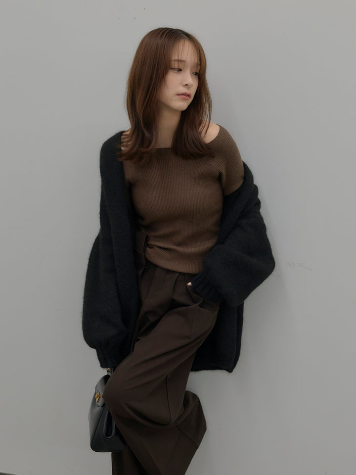 【SET】モヘアライクオーバーニットカーディガン+スクエアネックリブニット+ウエストリボンワイドパンツ(3set)