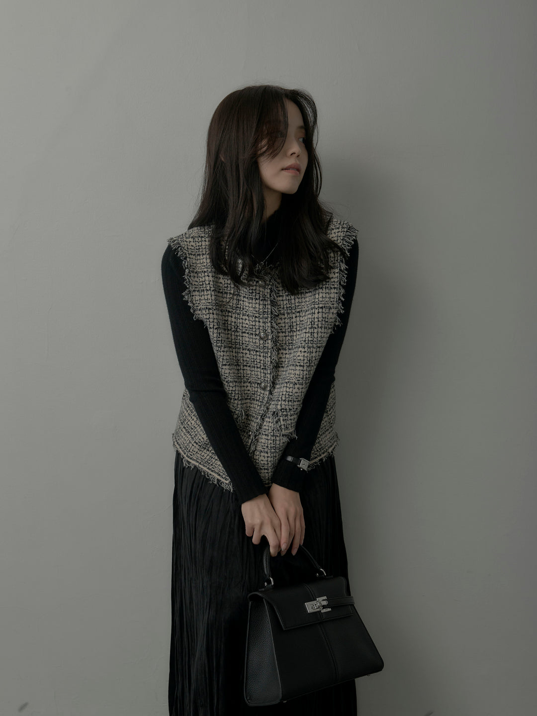 【SET】ツイードフリンジベスト+リブニットタートルネック+ベロアワッシャープリーツスカート(3set)