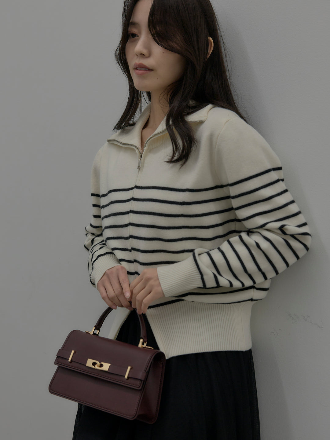 【SET】ダブルZIPハイネックボーダーニットトップス+ボリュームチュールスカート(2set)