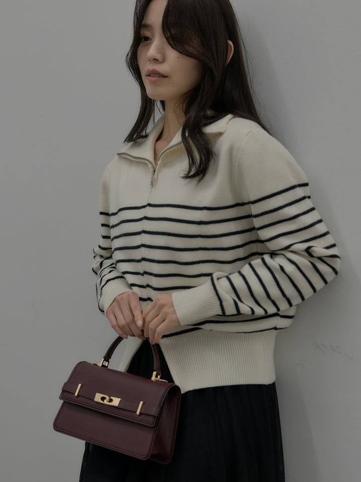 【SET】ダブルZIPハイネックボーダーニットトップス+ボリュームチュールスカート(2set)