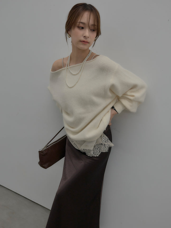 【SET】【premium touch】2wayショルダーニットプルオーバー+ナローAラインサテンスカート(2set)