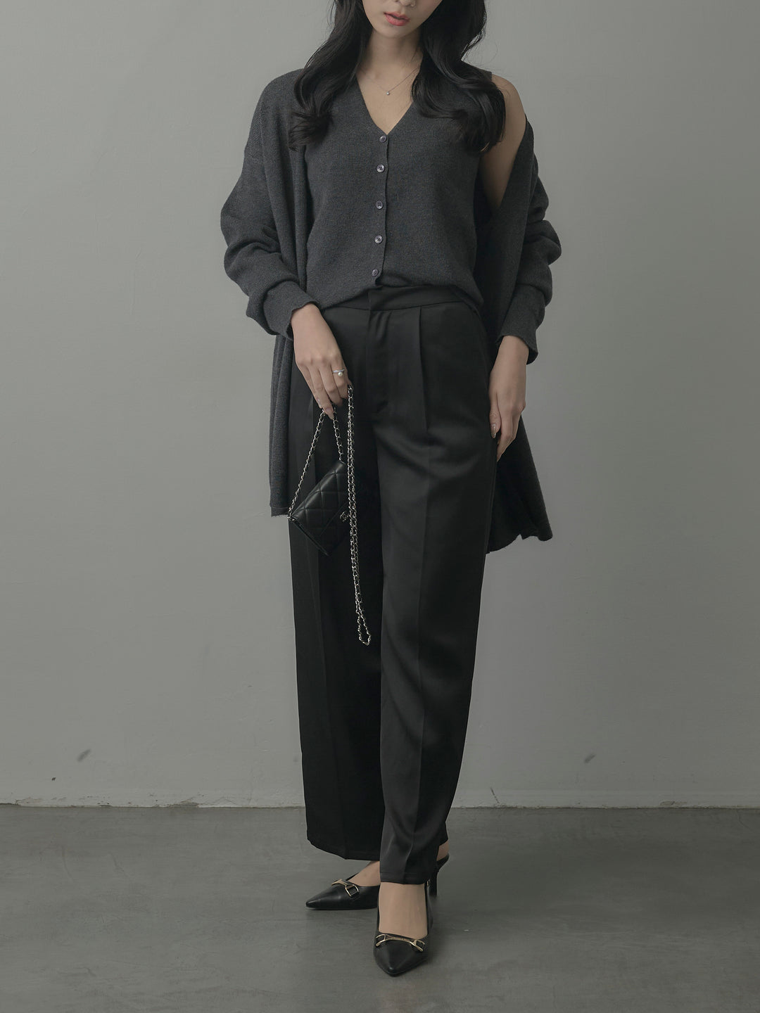 【SET】カーディガン&ニットベストアンサンブルSET+【Essential】センタープレスサテンパンツ(2set)