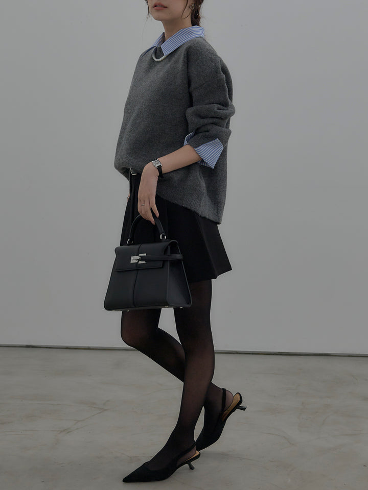 【SET】シャツドッキング肉厚ニットプルオーバー+ベルト付きプリーツミニスカート(2set)