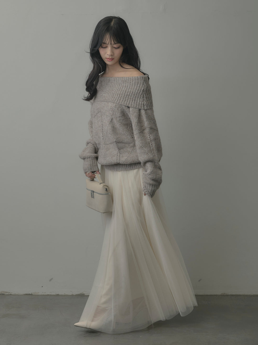 【SET】メランジニットオフショルトップス+ボリュームチュールスカート(2set)