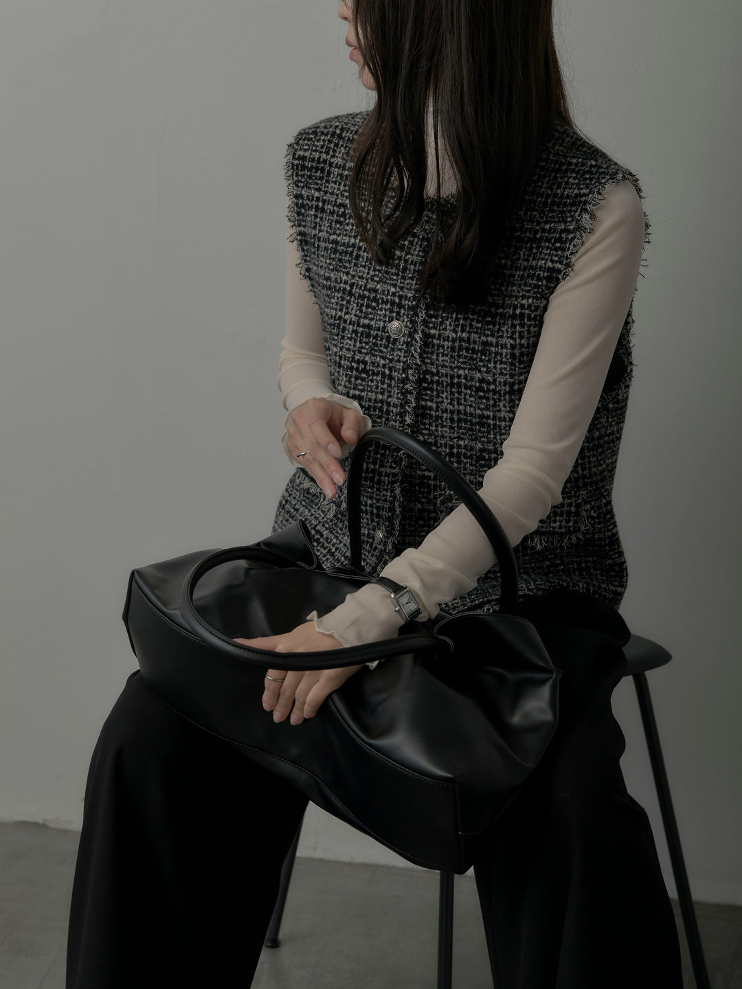 【SET】ツイードフリンジベスト+メロウフリルシアートップス+【ロープベルト付属】ウールタッチワイドパンツ(3set)