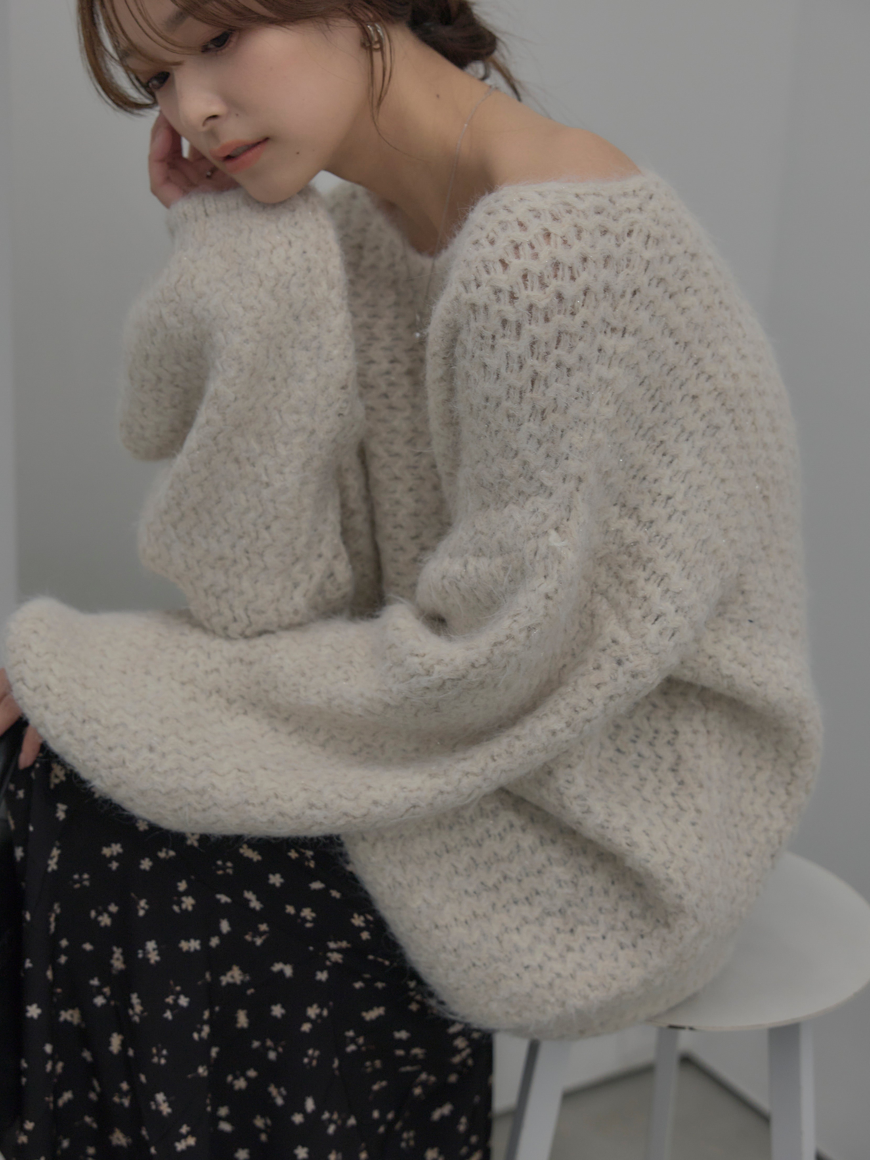 【SET】ラメ糸ローゲージ編みオーバーニットトップス+フラワーマーメイドスカート SET】ラメ糸ローゲージ編みオーバーニットトップス+フラワーパターン