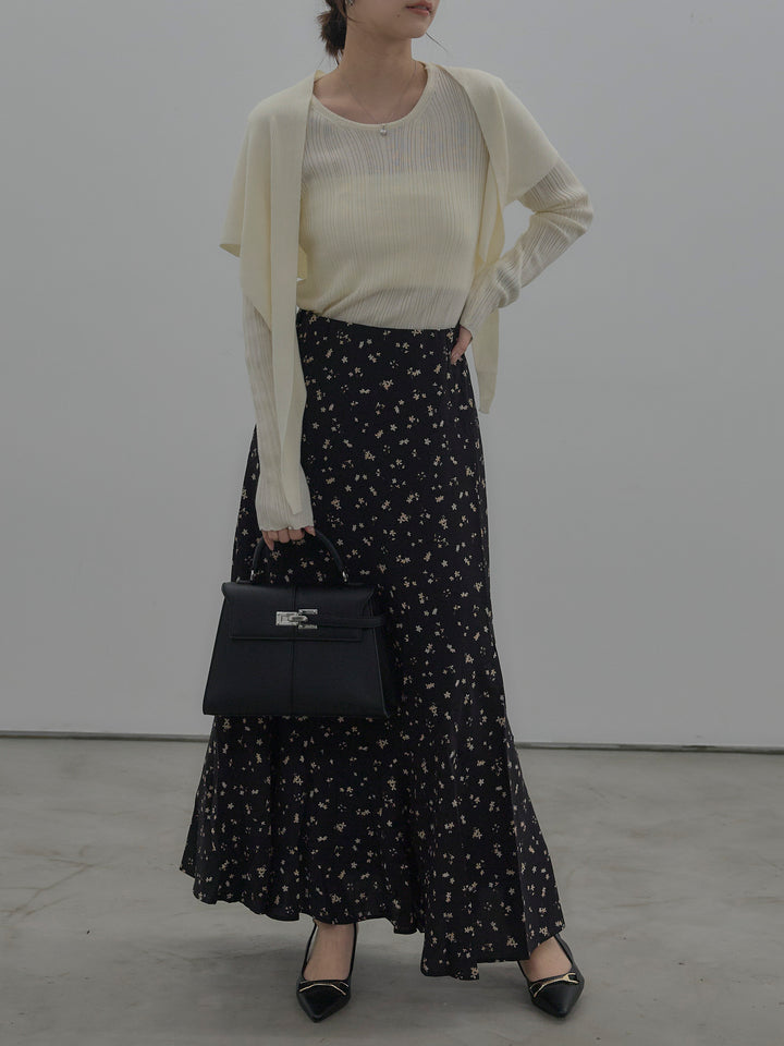 【SET】ニットスカーフ付きリブニットトップス+フラワーパターンマーメイドフレアスカート(2set)