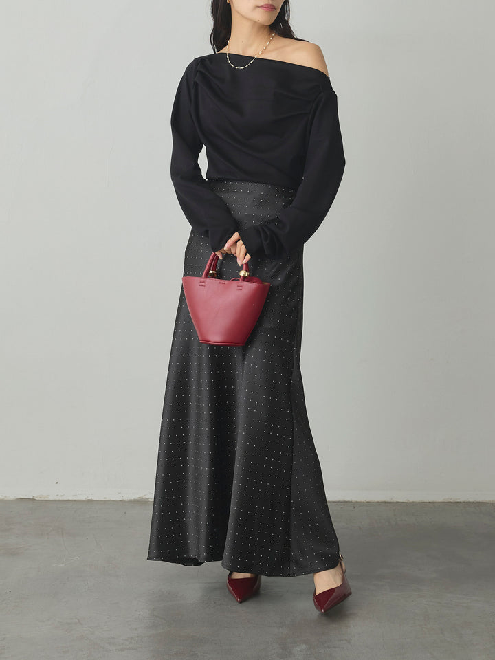 【SET】【Essential】2wayショルダードレープカットトップス+ドットサテンスカート(2set)