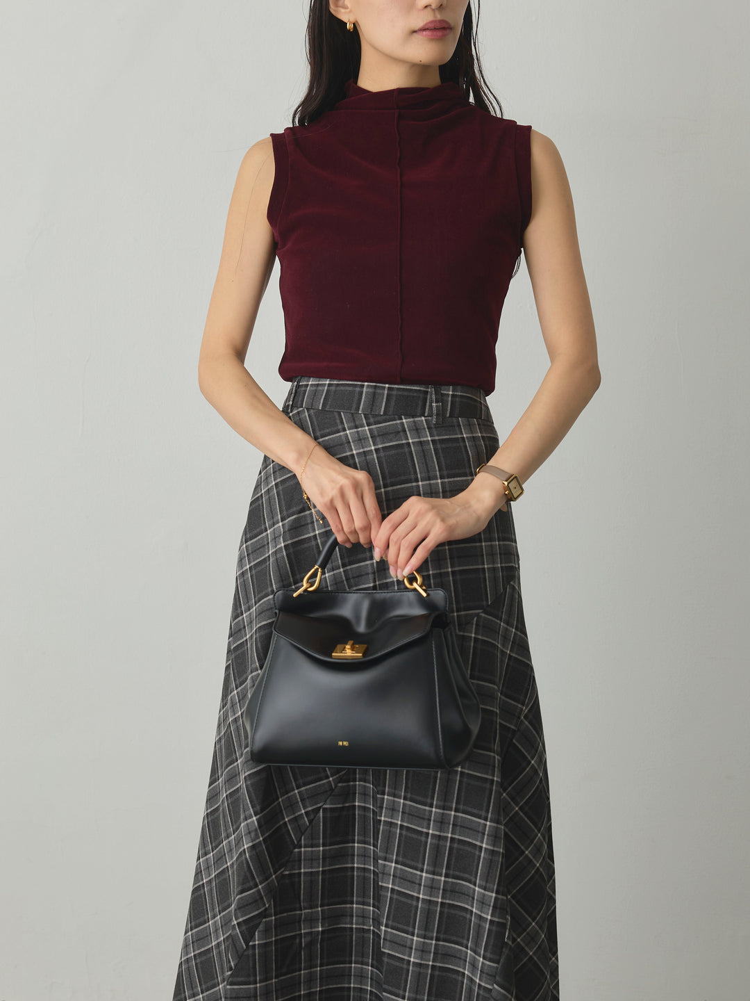 【SET】メッシュベロアノースリーブトップス+クラシカルチェックパネルスカート(2set)