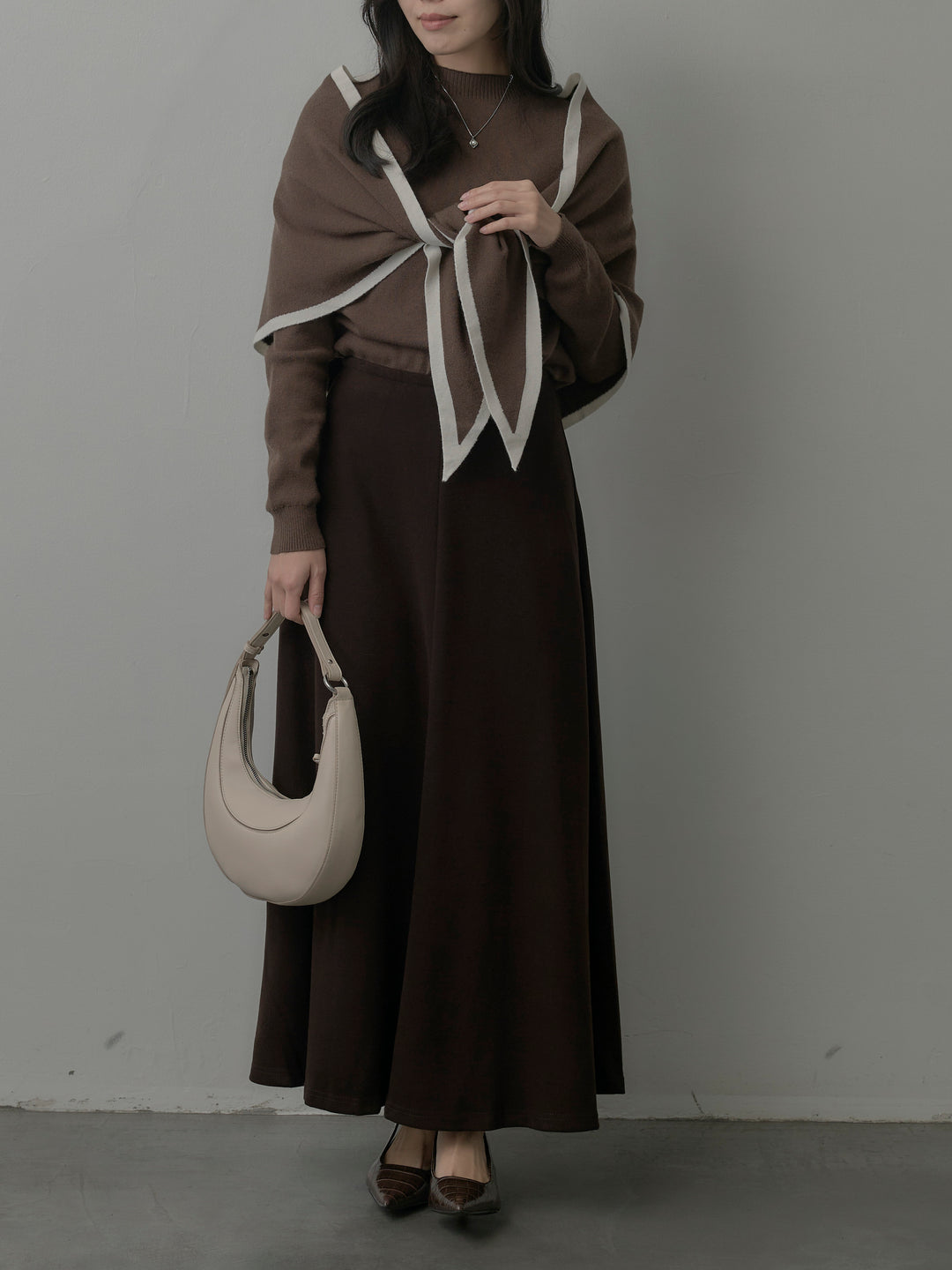 【SET】配色スカーフ付きニットトップス+リラクシーフレアロングスカート(2set)