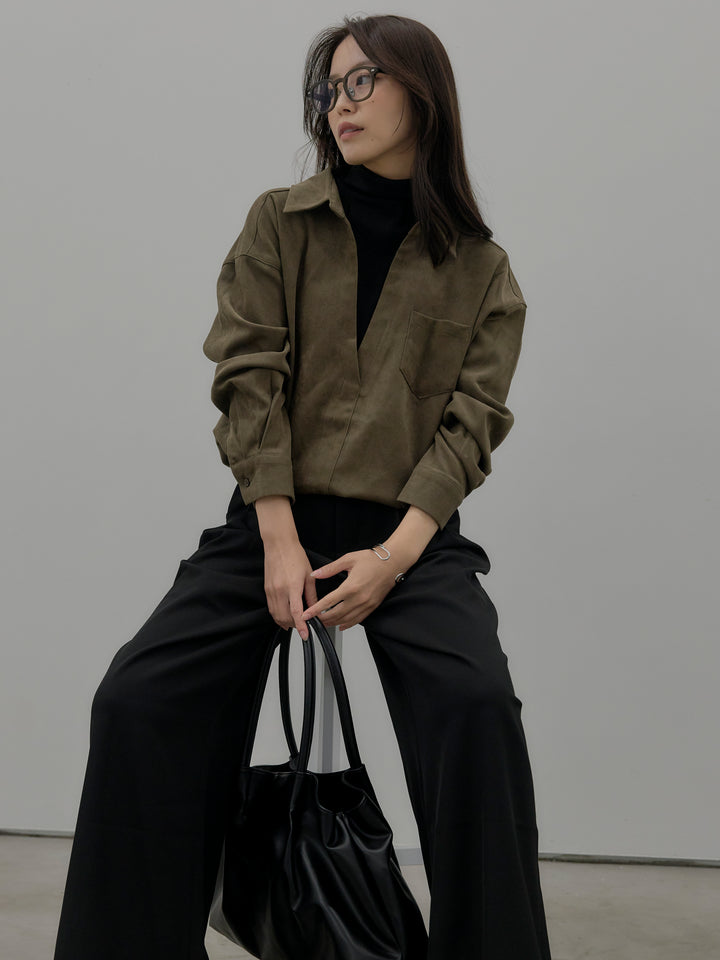 【SET】ドッキングデザイン裾ドロストスエードシャツ+デザインタックワイドパンツ(2set)