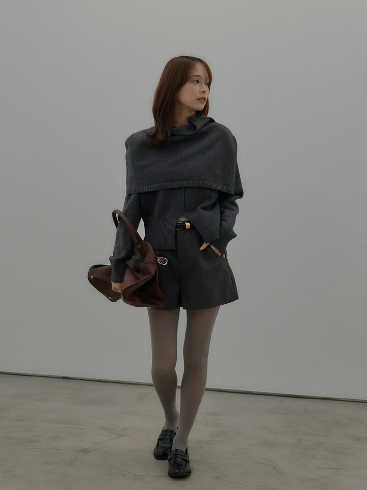【SET】ケープ付き2WAYフロントスリットニットトップス+ウールタッチミニショートパンツ(2set)