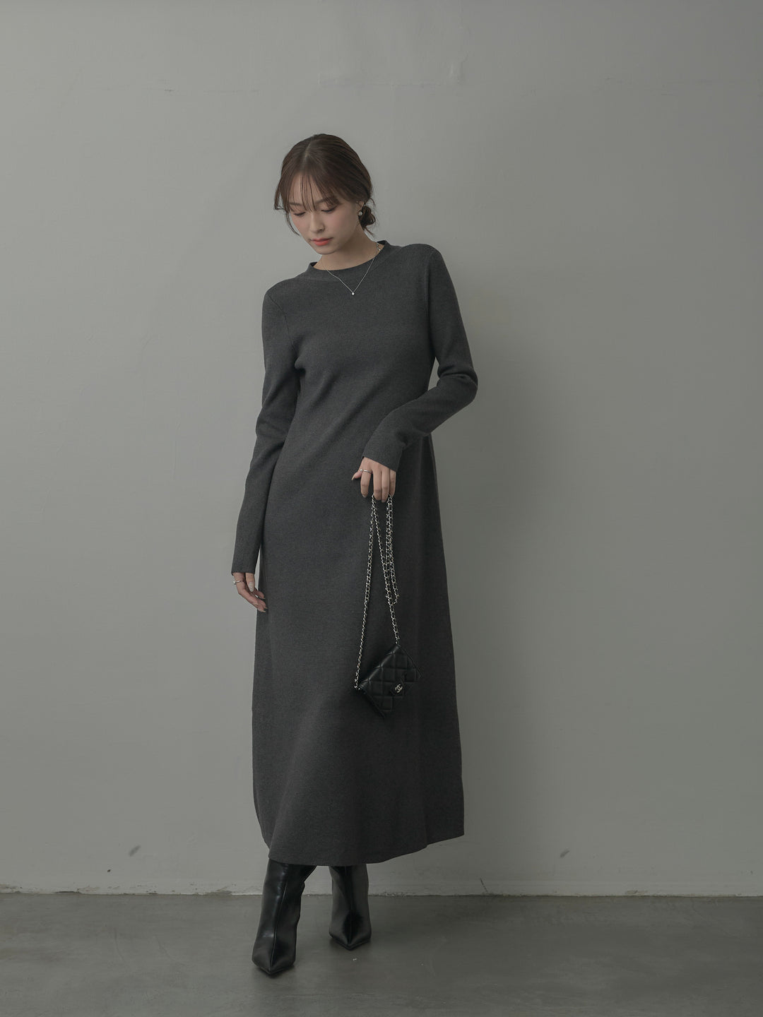 バックリボンニットロングワンピース