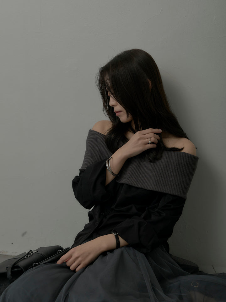 【SET】ニットシャツドッキングオフショルトップス+ボリュームチュールスカート(2set)