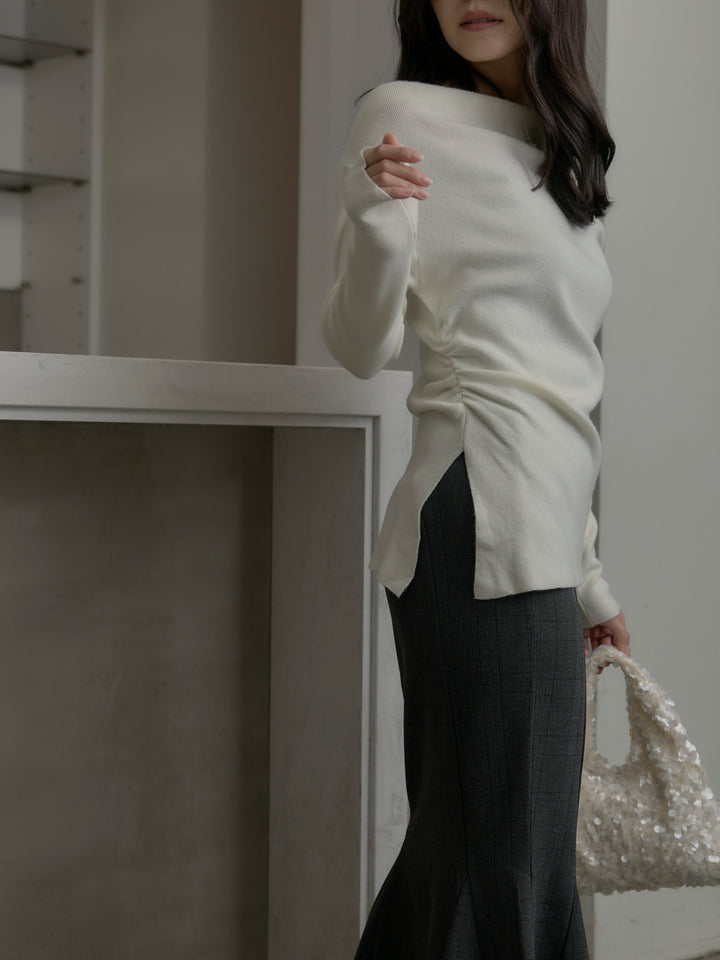 【SET】サイドスリットボートネックニットトップス+【Essential】チェック柄マーメイドスカート(2set)