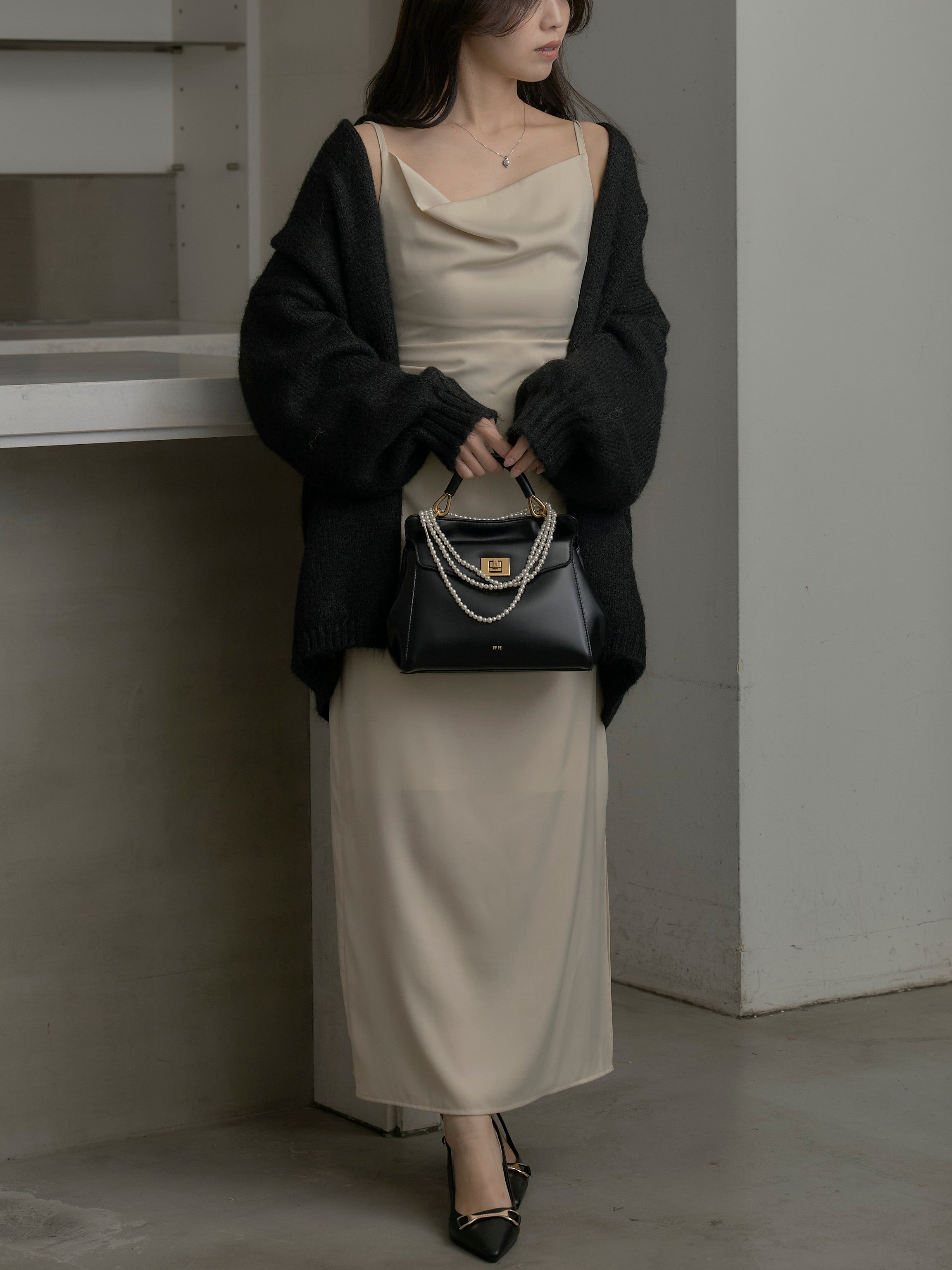 SET】モヘアライクオーバーニットカーディガン+【Essential】サテン