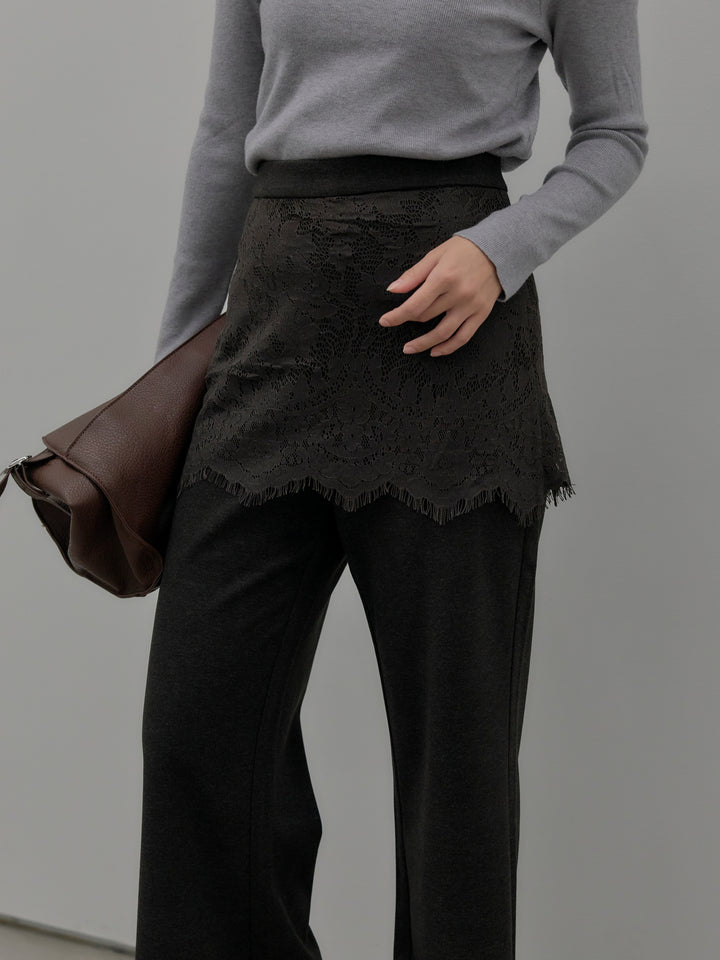 【SET】ベーシックリブタートルネック+レースレイヤードセミフレアパンツ(2set)