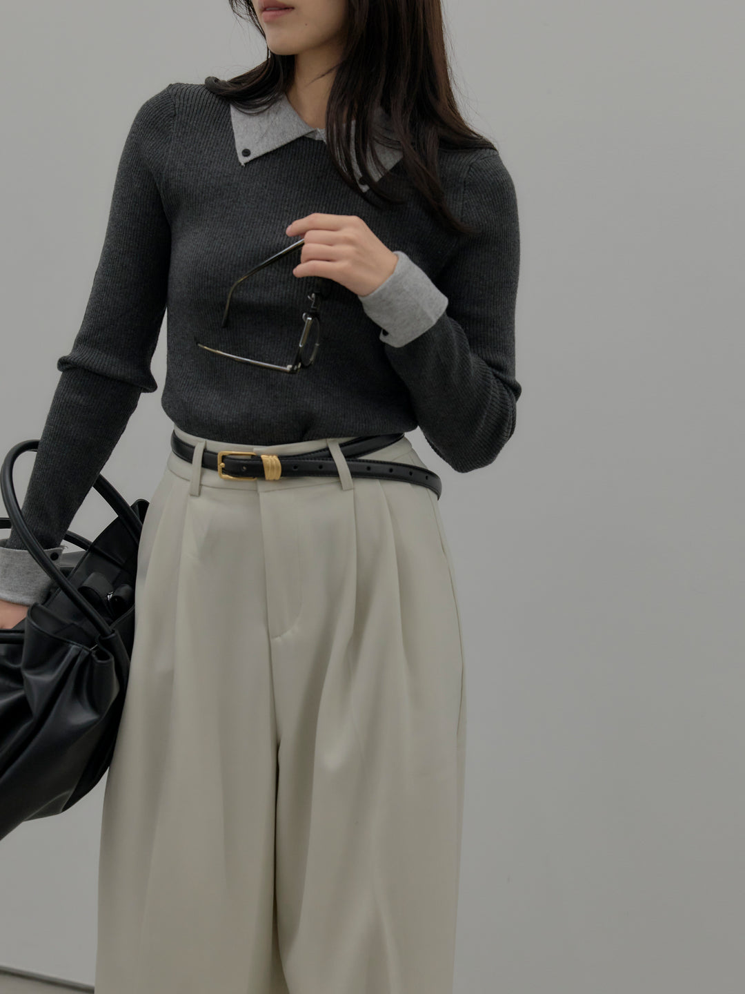 【SET】配色カフスニットポロ+デザインタックワイドパンツ(2set)