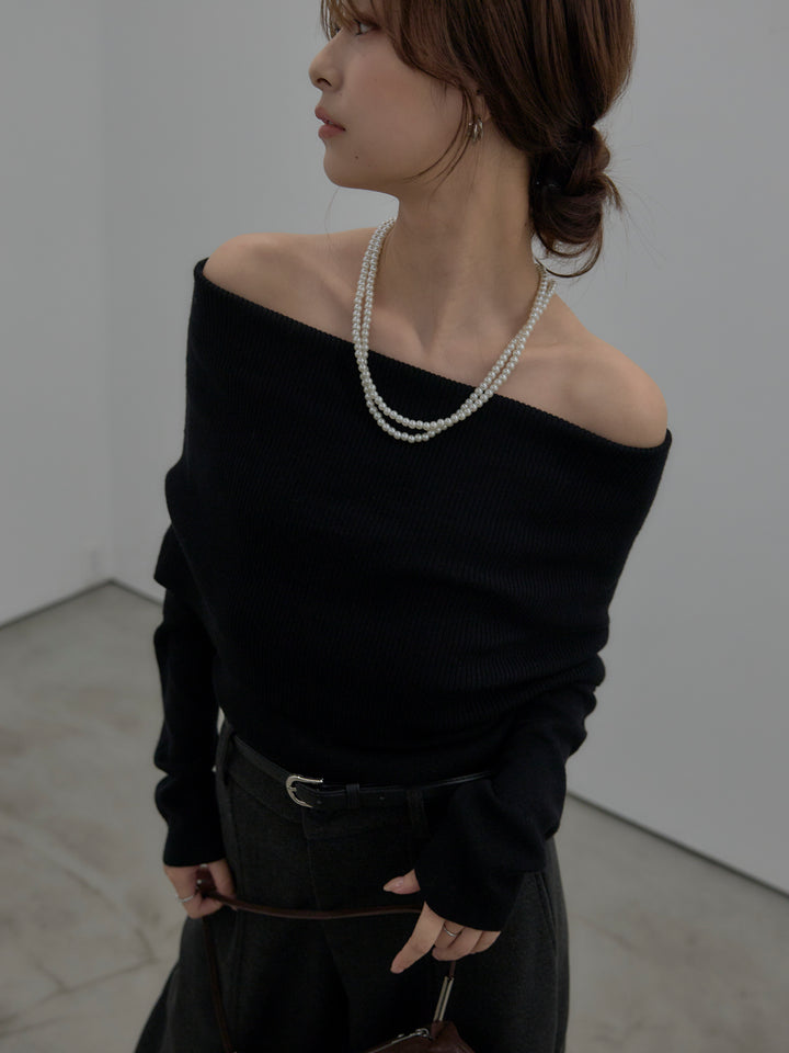 【SET】【premium touch】ソフトリブオフショルニットトップス+カーブデザインスウェットライクパンツ(2set)