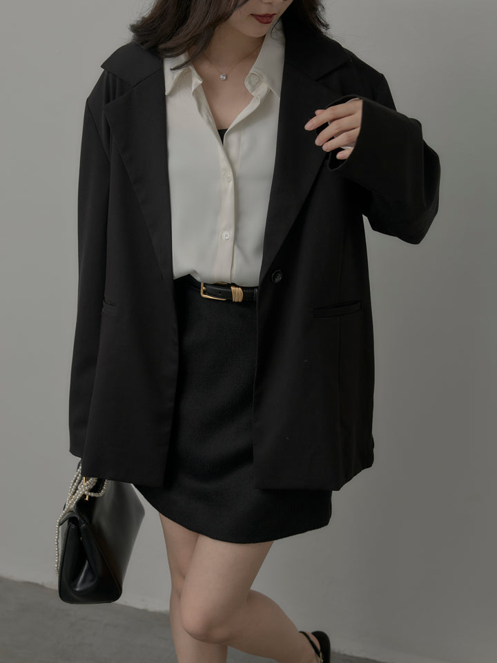 【SET】【Essential】ボックスシルエットテーラードジャケット+【Essential】ウールタッチミニスカート(2set)