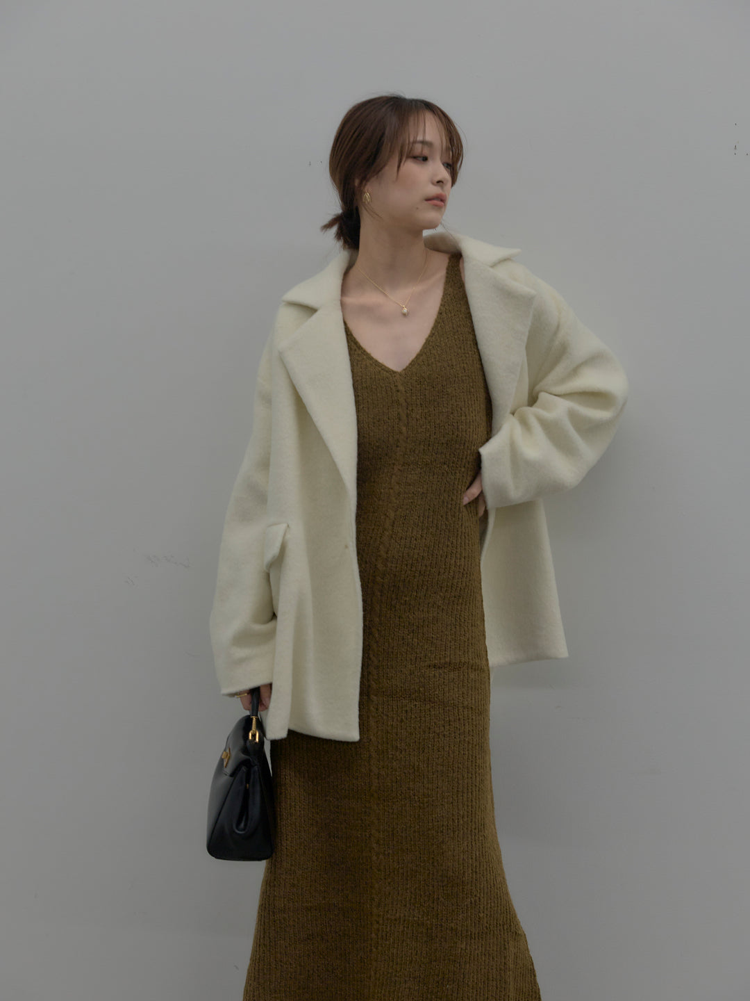 【SET】【Essential】オーバーサイズジャケットコート+リュクスリブニットロングドレス(2set)