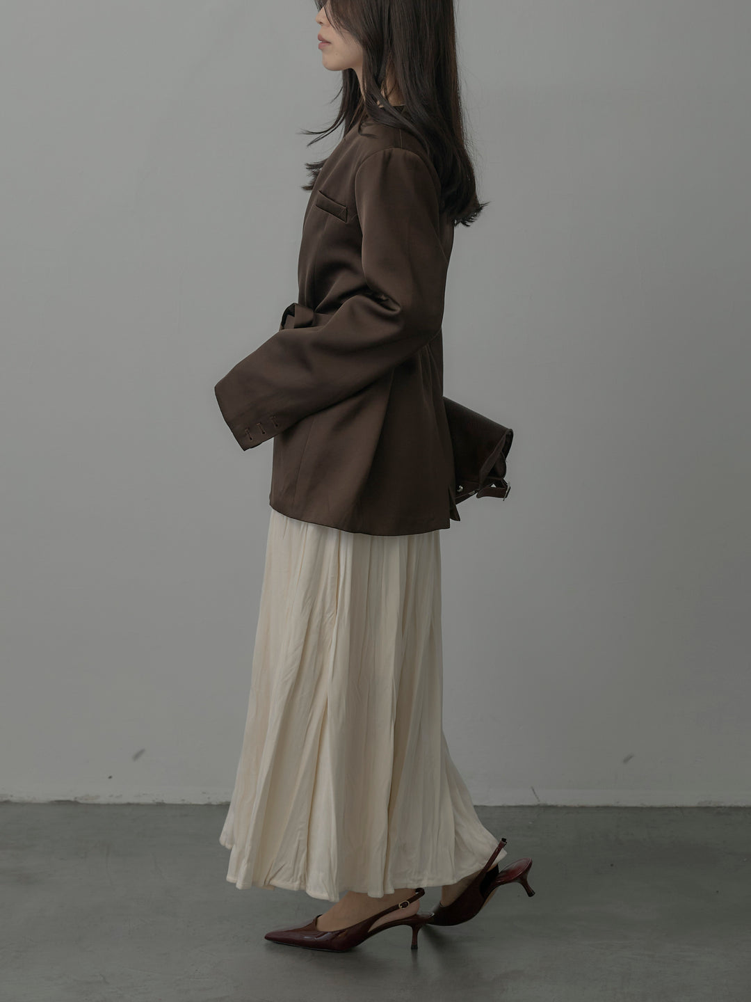 【SET】ノーカラーサテンジャケット+ベロアワッシャープリーツスカート(2set)