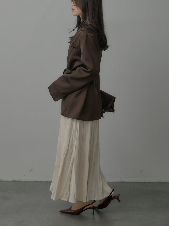 【SET】ノーカラーサテンジャケット+ベロアワッシャープリーツスカート(2set)