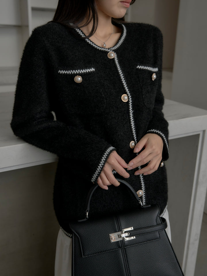 【SET】モヘアタッチパールボタンニットカーディガン+【Essential】ピーチスキンティアードスカート(2set)